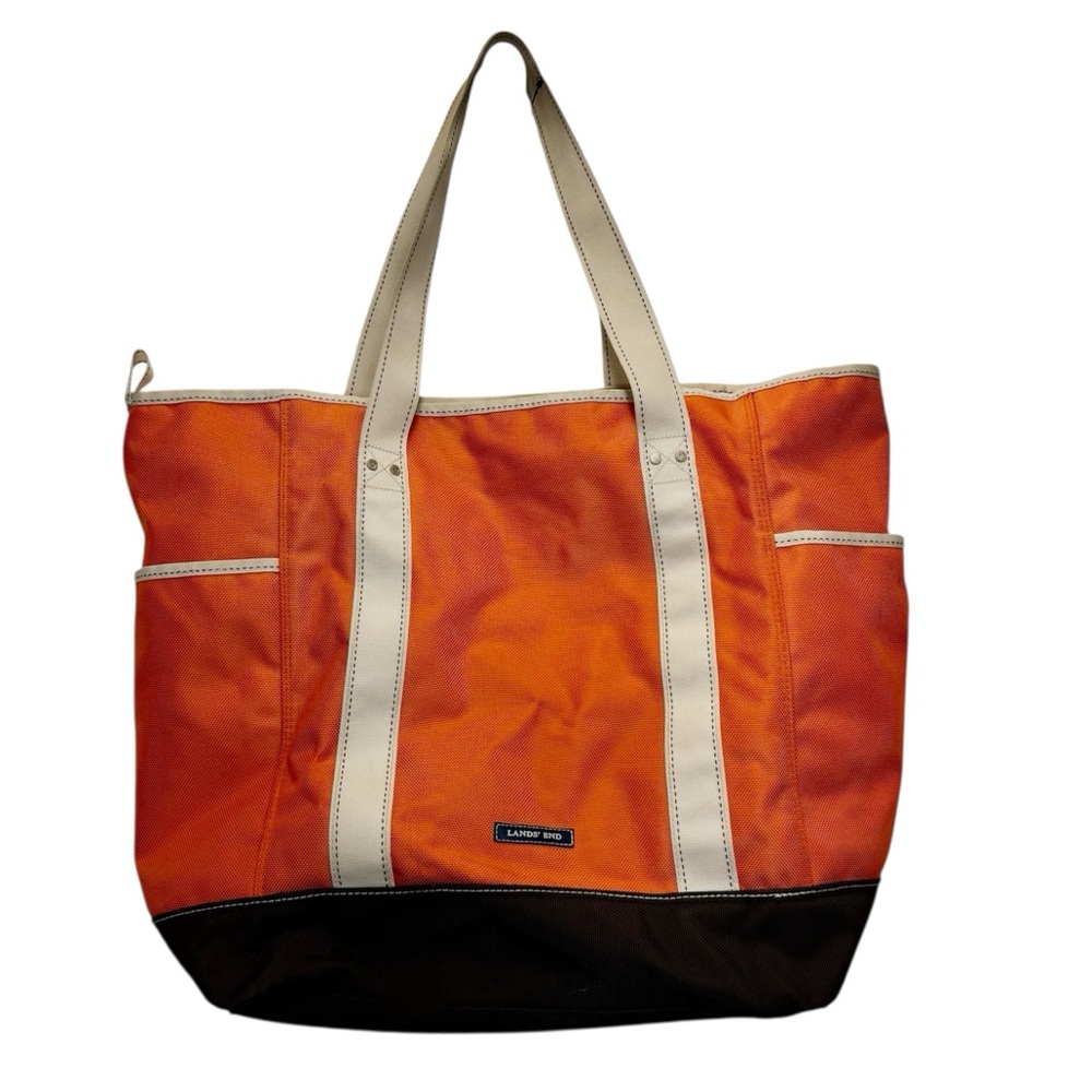 Lands’ End Orange & Off White Lighthouse Large Zipper Top Tote Bag